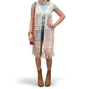 Boho Cream Crochet Fringe Vest – Festival Layering | One Size